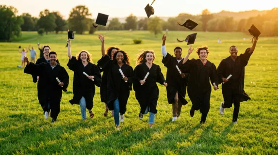 Young graduates in academic robes sprint joyfully across an open meadow at golden hour, mortarboards flying through the air, diplomas clutched in hands, faces radiating