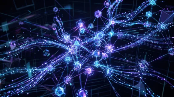 A close-up of interconnected digital nodes and flowing data streams visualized as glowing lines and particles moving across a dark background, representing network