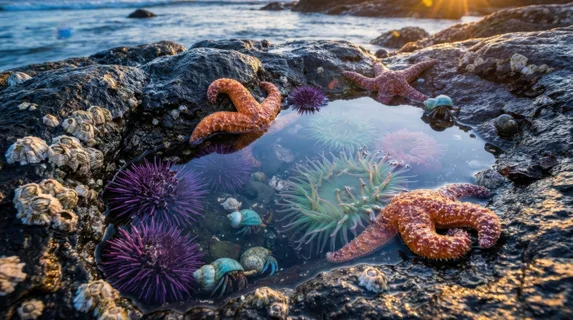 A Pacific coast tide pool at extreme low tide, an ecosystem compressed into a meter-wide rocky basin, purple sea urchins, orange ochre sea stars, and turquoise hermit crabs all visible simultaneously,