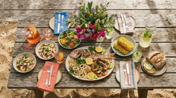 Overhead view of a wooden picnic table laden with grilled seafood, fresh citrus garnishes, cold beverages in glass containers, colorful linen napkins, seaside flowers as