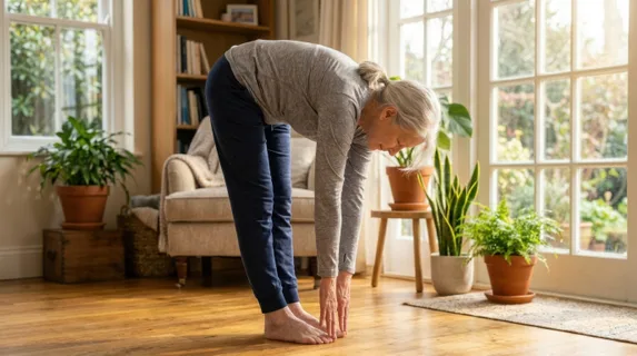 An elderly woman performing a gentle forward bend stretch in a bright sunlit living room, hands reaching toward her toes with relaxed posture, soft natural light