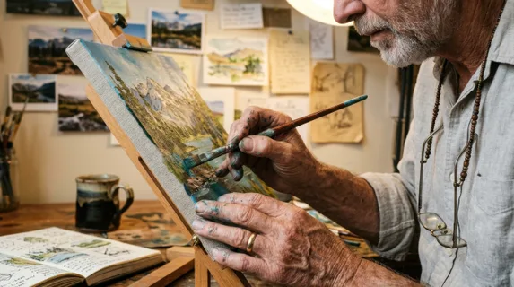 Close-up of weathered hands holding a fine art brush, applying delicate acrylic strokes to a landscape painting, reading glasses hanging on a beaded chain, coffee mug and