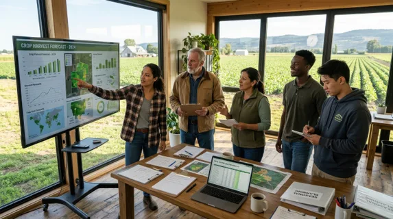 A team of agricultural professionals assembles in a modern farm office with large windows overlooking fields, gathered around a digital screen showing crop data and