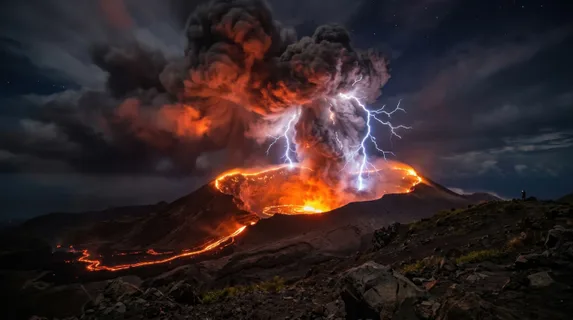 A lightning storm over an active volcano at night, the lava lake in the crater glowing molten orange and red, volcanic lightning bolts crackling upward through the ash