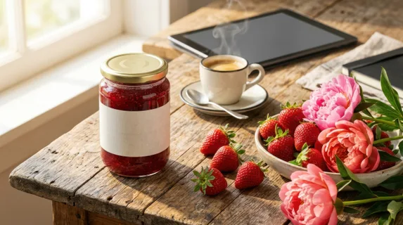 a bold, graphic composition showcasing the blank-label strawberry jam jar prominently against the weathered wood table with rows of fresh strawberries and peonies. the