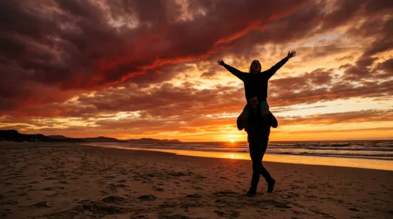 Silhouetted figure carrying another on shoulders against brilliant sunset horizon, arms stretched wide in celebration, dramatic clouds painted in deep crimsons and golds,