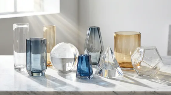 A collection of geometric glass vessels arranged on a white marble surface, including tall cylinders, spheres, and angular prisms catching light from above, crystal-clear
