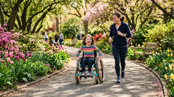 Child in a colorful manual wheelchair zooming down a sunny park path surrounded by blooming flowers and trees, caregiver jogging alongside gently, both smiling broadly,
