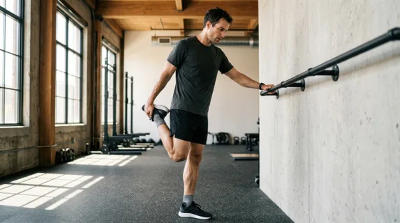 Male runner in neutral-tone athletic gear doing a standing quadriceps stretch against a modern gym wall, one leg bent behind, hands bracing a support rail, intense