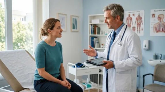 Female patient sitting upright on examination table in bright clinical room, attentive male doctor in white coat holding tablet, gesturing while explaining diagnosis,