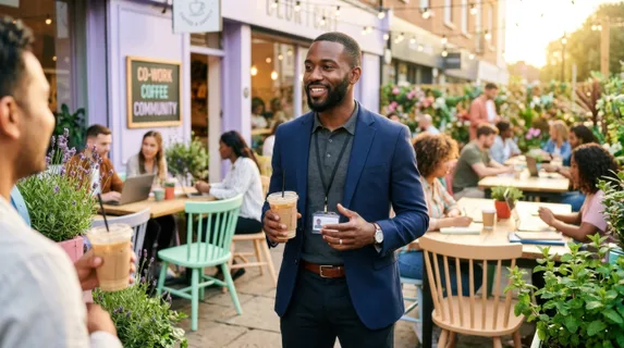 a 30-year-old black male project manager stands diagonally in a vibrant cafe terrace, holding two iced lattes and exuding professionalism. the environment is lively with