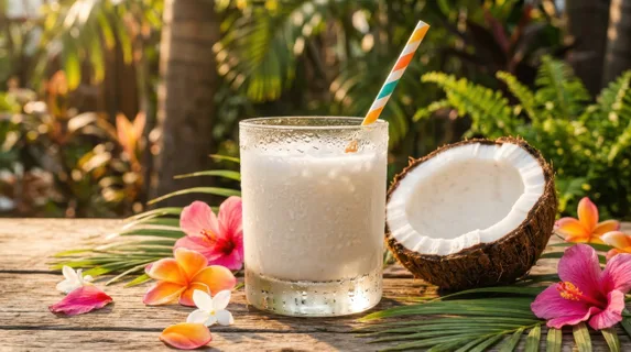 Frosted glass filled with creamy white coconut beverage, fresh coconut half nestled beside it, condensation beads glistening on the rim, colorful striped paper straw