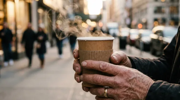 Steaming paper cup with a cardboard sleeve held by weathered hands during golden morning light, wisps of vapor rising in soft spirals, condensation droplets clinging to