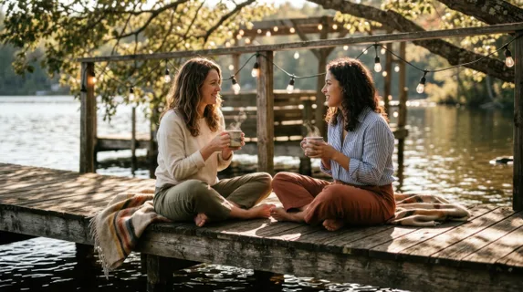Dock scene with two friends sitting cross-legged facing each other, holding steaming beverage mugs, casual linen clothing, dappled sunlight filtering through overhead