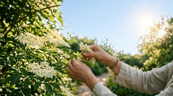 in a serene outdoor setting, a low-angle shot captures a pair of hands delicately harvesting elderflowers with sunlight filtering through lush green leaves overhead. the