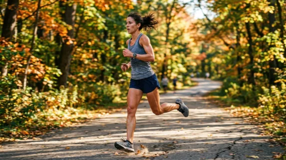 A fit person in athletic wear mid-stride on a sunlit tree-lined park path, morning light filtering through leaves creating dappled shadows across the pavement, sweat