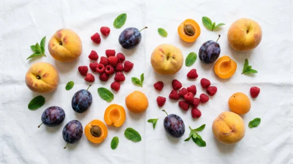 Overhead flat lay of seasonal stone fruits and berries: peaches with fuzzy skin, plums in deep purple, fresh raspberries scattered artfully, sliced apricots, mint leaves