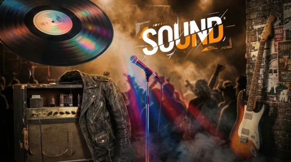 Vinyl record spinning mid-rotation with a leather jacket draped over vintage amplifier, colorful stage lights reflecting off chrome microphone stand, bold typography