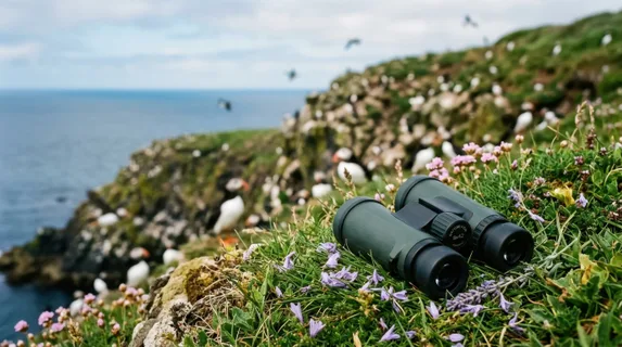 a graphic commercial composition focusing on a pair of binoculars amidst the vibrant greenery and scattered lavender petals, providing generous negative space ideal for