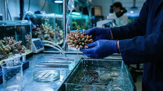 A marine biologist's gloved hands carefully lifting a vivid coral fragment from a laboratory water tank, droplets cascading down the specimen, scientific instruments and