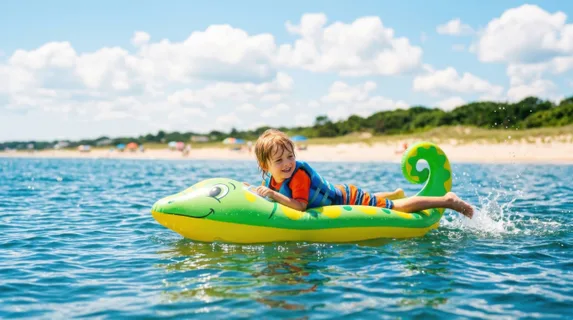 Child floating on a bright inflatable raft shaped like a whimsical creature, surrounded by sparkling azure waves, sandy shoreline blurred in background, clear sunny day