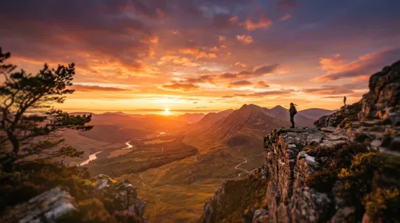 A solitary figure stands on a rocky cliff edge overlooking a vast landscape as the sun dips below the horizon, casting golden and crimson light across scattered clouds,