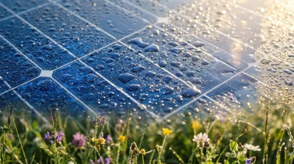 Close-up of solar panel surface with water droplets catching morning sunlight, intricate grid pattern of photovoltaic cells creating luminous blue geometric texture, dewy
