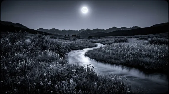 A high-altitude meadow at 3am under a full moon, the meadow lit in cool silver-blue, wildflowers appearing monochrome, a running stream reflecting the moonlight, mountains as dark silhouettes, the