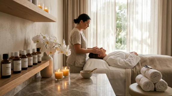 Spa treatment suite with marble countertops, flickering candles, fresh white orchids, rolled towels, and artisanal glass bottles of essential oils arranged on elegant