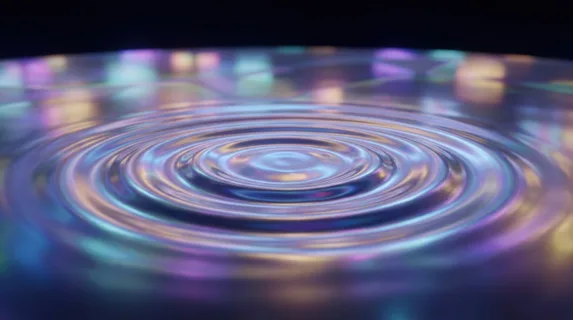 A ripple spreading across a liquid surface made of light instead of water, glowing rings expanding outward with smooth gradients, reflecting a surreal environment with no visible source. Style is