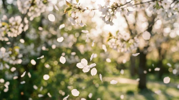 Delicate white cherry blossom petals cascading through sunlit air, soft focus background of blurred green foliage, individual petals in various stages of descent, warm