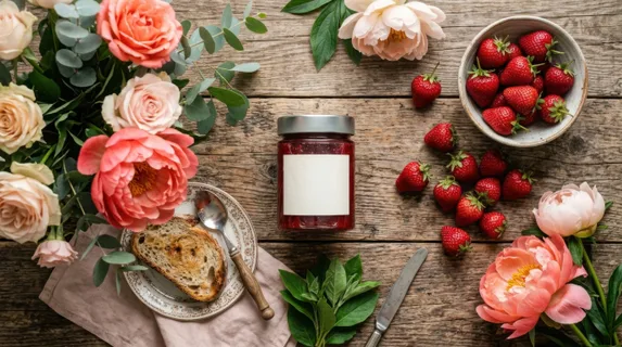 an overhead perspective view of a blank-label strawberry jam jar prominently placed on a weathered wood table, surrounded by fresh strawberries and peonies. the scene is