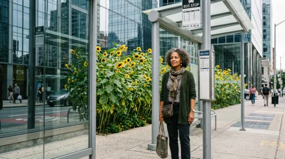 a 50-year-old mixed-race female commuter stands calmly at a bus stop, framed within a vibrant backdrop of towering sunflowers that starkly contrast with the surrounding