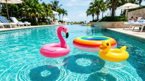 Colorful inflatable pool floats scattered across sparkling turquoise water on a sunny day, casting playful shadows beneath the surface, bright pink flamingo, yellow duck,