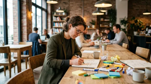 from a distinct side angle, the project leader is seen immersed in the brainstorming session. the tall communal table supports her creative environment, with scattered