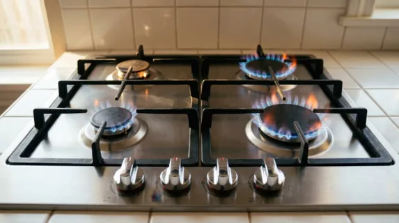 Modern gas range with four burners at different ignition stages, flames ranging from pilot light glow to full heat, chrome knobs sharp in foreground, white ceramic tiles