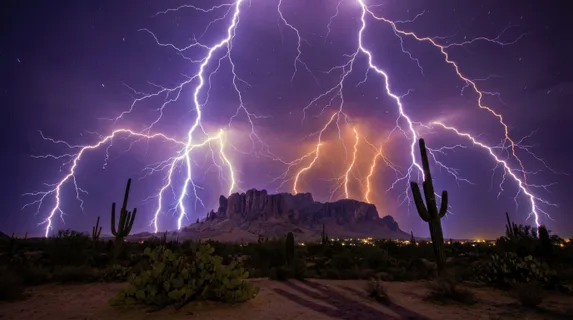 A desert night storm with 12 simultaneous lightning bolts recorded in a single long exposure, branching bolts illuminating a vast mesa landscape from multiple angles, each bolt casting its own shadow,