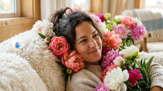 a close-up of the advocate's relaxed expression as she lounges on the fluffy cloud sofa, surrounded by colorful peonies that frame her visage. the soft sunlight captures