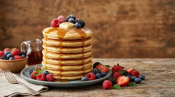 a graphic commercial composition features a tall stack of pancakes drizzled with syrup and surrounded by a colorful display of fresh berries against a rustic wooden
