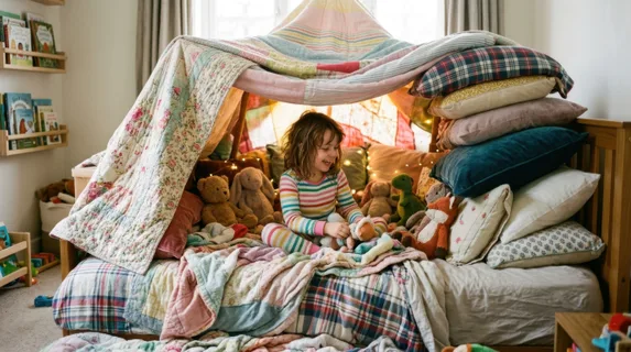 Child building a colorful fort with blankets and cushions on a bed, pillows stacked creatively, stuffed animals arranged inside the cozy hideaway, warm indoor lighting