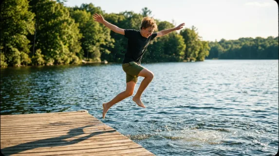 A young person mid-leap off a wooden pier, arms spread wide, captured mid-air above sparkling blue water, sun-dappled surface below, feet still above the dock's edge,