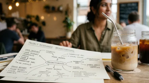 a close-up shot focuses on printed notes and stylish cold brews, capturing the texture and detail of the creative brainstorming session. the smiling south asian female