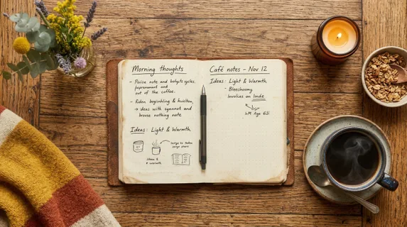 an overhead angle shot of the table, where a steaming cup of coffee and an open notebook rest amongst the setting of the cozy cafe. the composition focuses on the vibrant