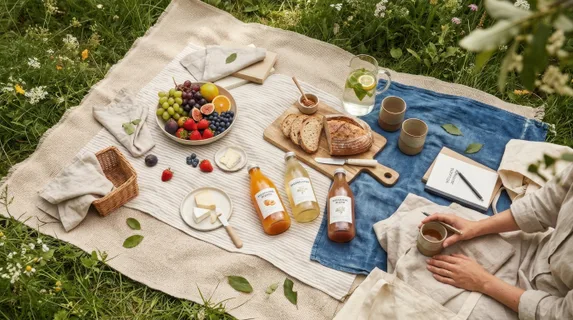 from an overhead angle, the picnic layout showcases the fresh fruits and artisanal drinks arranged thoughtfully on layered fabrics, while the entrepreneur is subtly