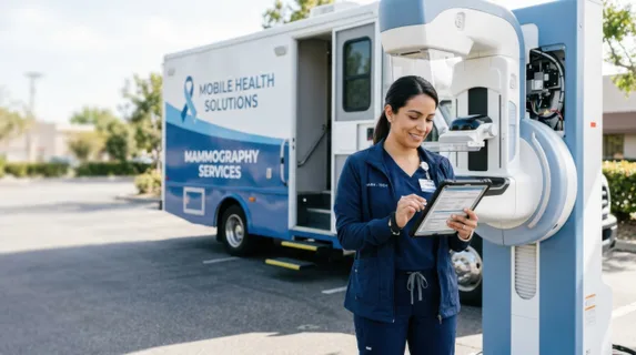the technician stands confidently in front of the nacelle, absorbed in her tablet documentation, with the mammography van partially visible in the background. the