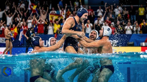 Victory celebration moment as water polo athletes lift winning goal scorer from pool, water cascading off bodies and uniforms, translucent splash details frozen in time,