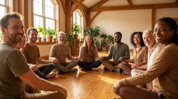 Multiethnic group of eight people sitting in a circle on a wooden floor in a bright community center, holding hands, smiling genuinely at camera, sunlight streaming