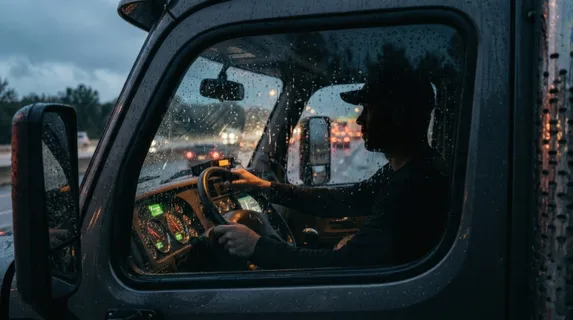 Night-shift truck driver silhouette visible through cabin window, red tail lights of vehicles ahead visible on dark highway, interior illuminated by dashboard and