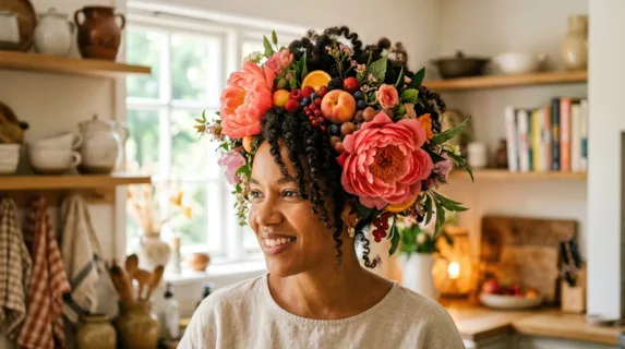 a close-up shot focuses on the intricate details of the interior designer's head styled as fruit, showcasing her textured hairstyle and the soft petals of oversized