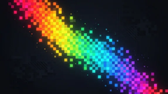 Abstract digital artwork featuring a vibrant pixel rainbow gradient flowing diagonally across a dark background, each color block transitioning smoothly from red through
